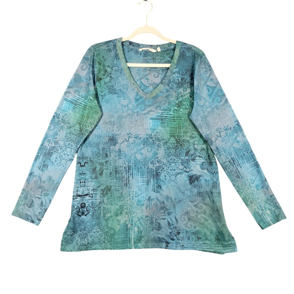 SOFT SURROUNDINGS Blue Green Long Sleeve V-Neck Top Artsy Comfort SIZE MEDIUM